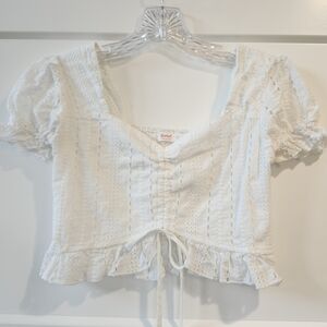 ROMWE White Eyelet Square-Neck Cropped Tie-Front Top